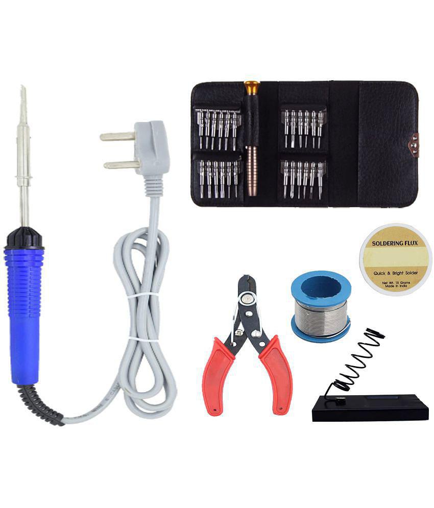 ALDECO: ( 6 in 1 ) Soldering Iron Kit contains- Blue Iron, Wire,Flux, Stand, Cutter, 25 in 1 Screw Driver Kit