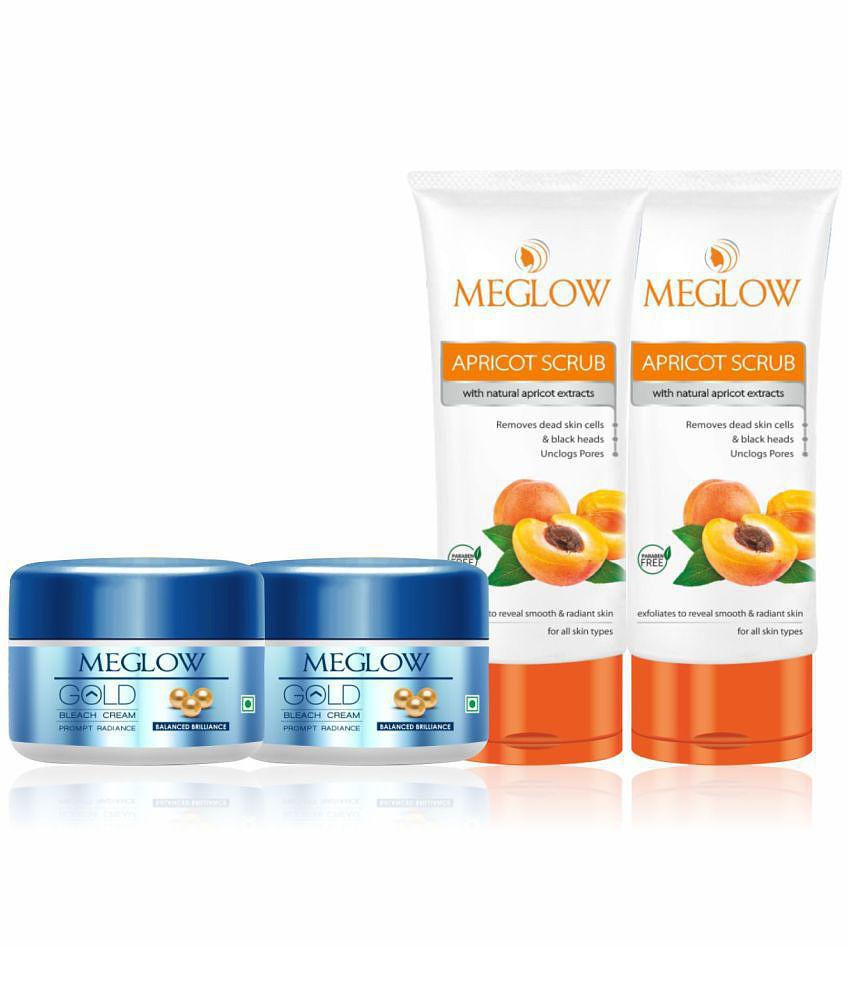 Meglow (2) Gold Bleach Cream 50g with (2) Apricot Scrub 70g Combo- Pack of 4