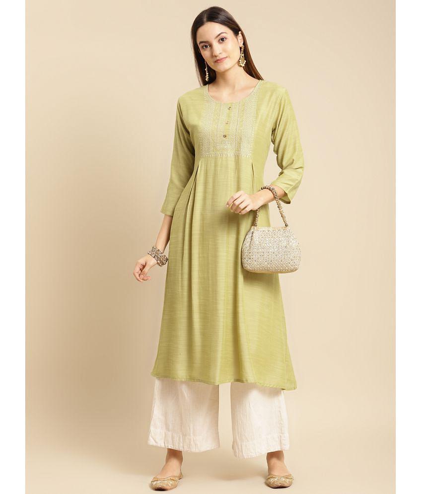 Rangita Women Mint Green Yoke Zari Embroidered Calf Length A-line Kurti - L, Mint Green