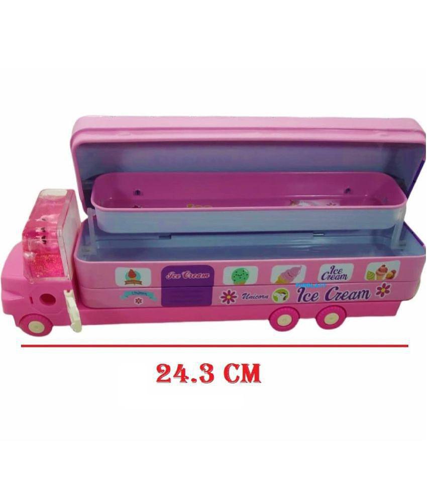 FunBlast Pencil Box for Kids Bus with Moving Tyres & Sharpener for Kids Truck Geometry Box for Kids & Girls (Multicolor)