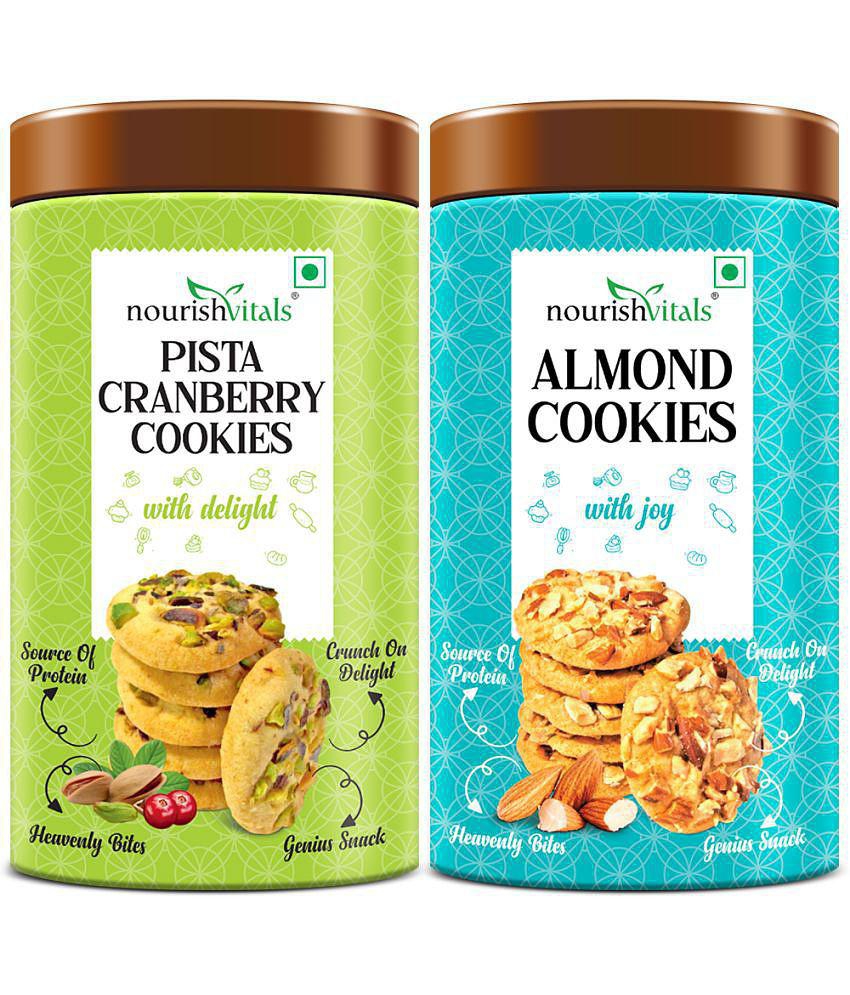 NourishVitals Pista Cranberry Cookies + Almond Cookies, Heavenly Bites, Source of Protein, Crunchy Delights, Genius Snack,120g Each