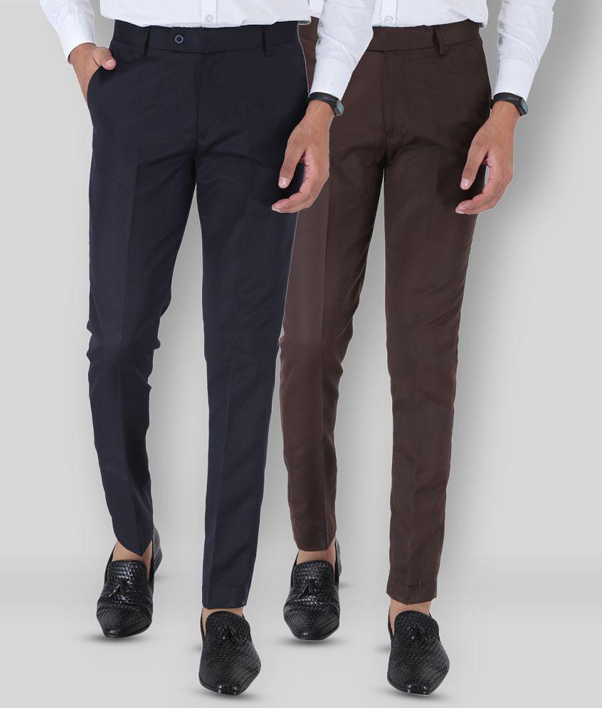 SREY - Dark Blue Polycotton Slim - Fit Men's Formal Pants ( Pack of 2 ) - None