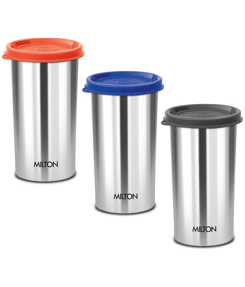 Milton Stainless Steel Tumbler with Lid Set of 3, 415 ml Each, Assorted (Lid Color May Vary) | Office | Gym | Yoga | Home | Kitchen | Hiking | Treking | Travel Tumbler - Assorted