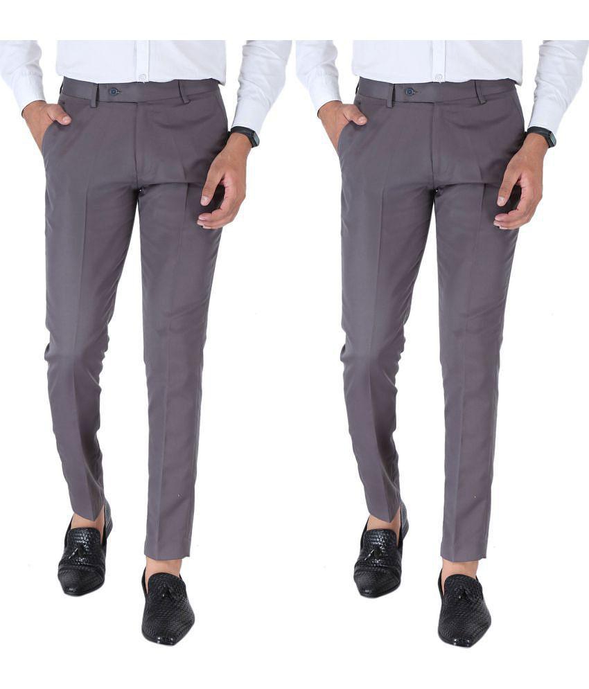 SREY Grey Slim -Fit Flat Trousers Pack of 2 - None