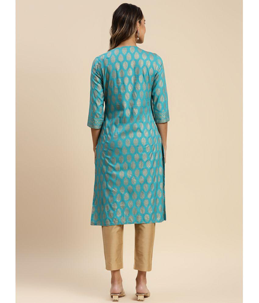 Rangita Women Rayon Turquoise Gold Printed Knee Length Straight Kurti - XXL, Turquoise