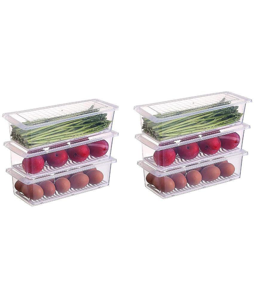 Vegetable and Fruit Storage Fridge container with lid and  Removable Drain Plate - Transparent Polyproplene Food Container ( Pack of 6 ) - Transparent