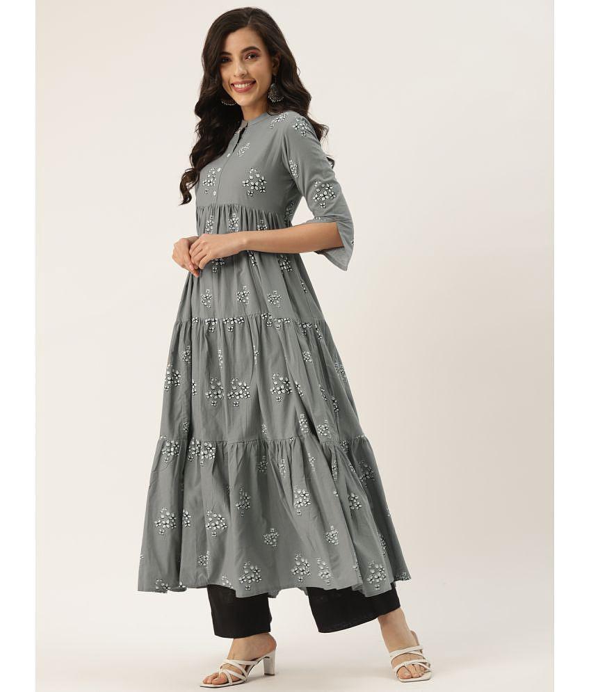 Affordable Men HISHAM - Grey Cotton Blend Women's Tiered Flared Kurti ( Pack of 1 ) - None 2025 