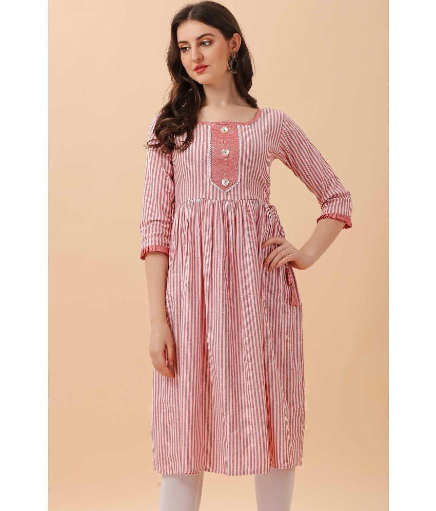 Glomee - Peach Cotton Women's Flared Kurti ( Pack of 1 ) - None