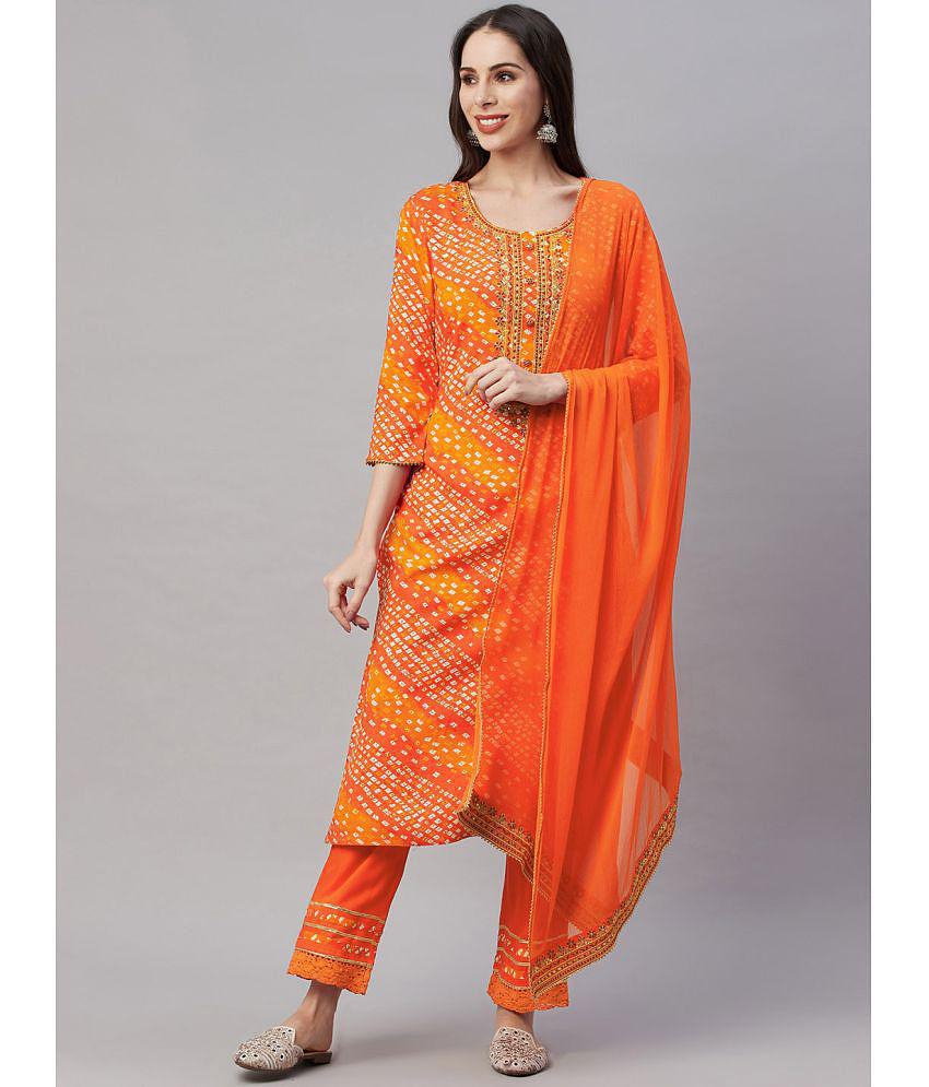 AMIRA''S INDIAN ETHNICWEAR - Orange Straight Rayon Women''s Stitched Salwar Suit ( Pack of 1 ) - None