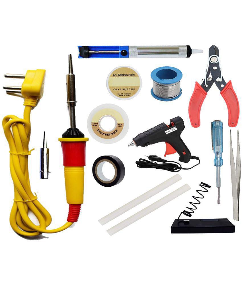 ALDECO: ( 14 in 1 ) Soldering Iron Kit contains-Yellow Iron, Wire, Flux, Wick, Stand, Cutter, Bit, Tape, Tweezer, Tester, Desoldering Pump, Glue Gun, 2 Glue Stick