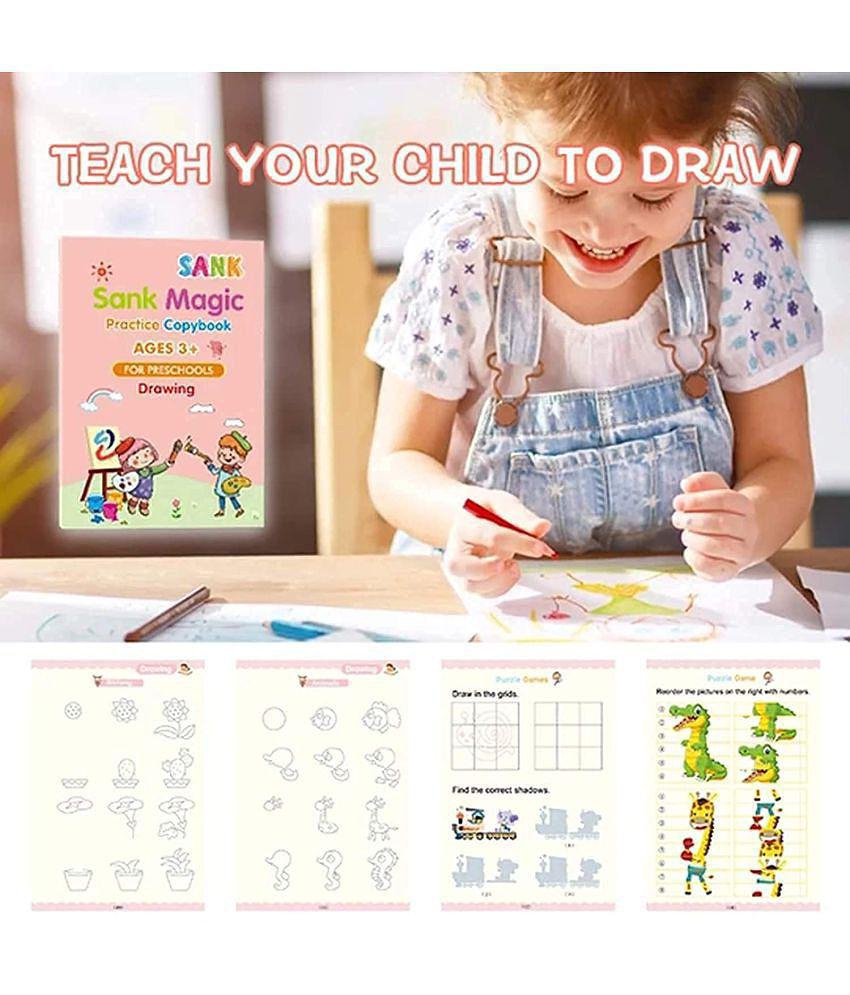 Sank Magic Practice Copybook, Number Tracing Book for Preschoolers with Pen, Magic Calligraphy Copybook Set Practical Reusable Writing Tool Simple Hand Lettering (4 Books + 5 Refill)