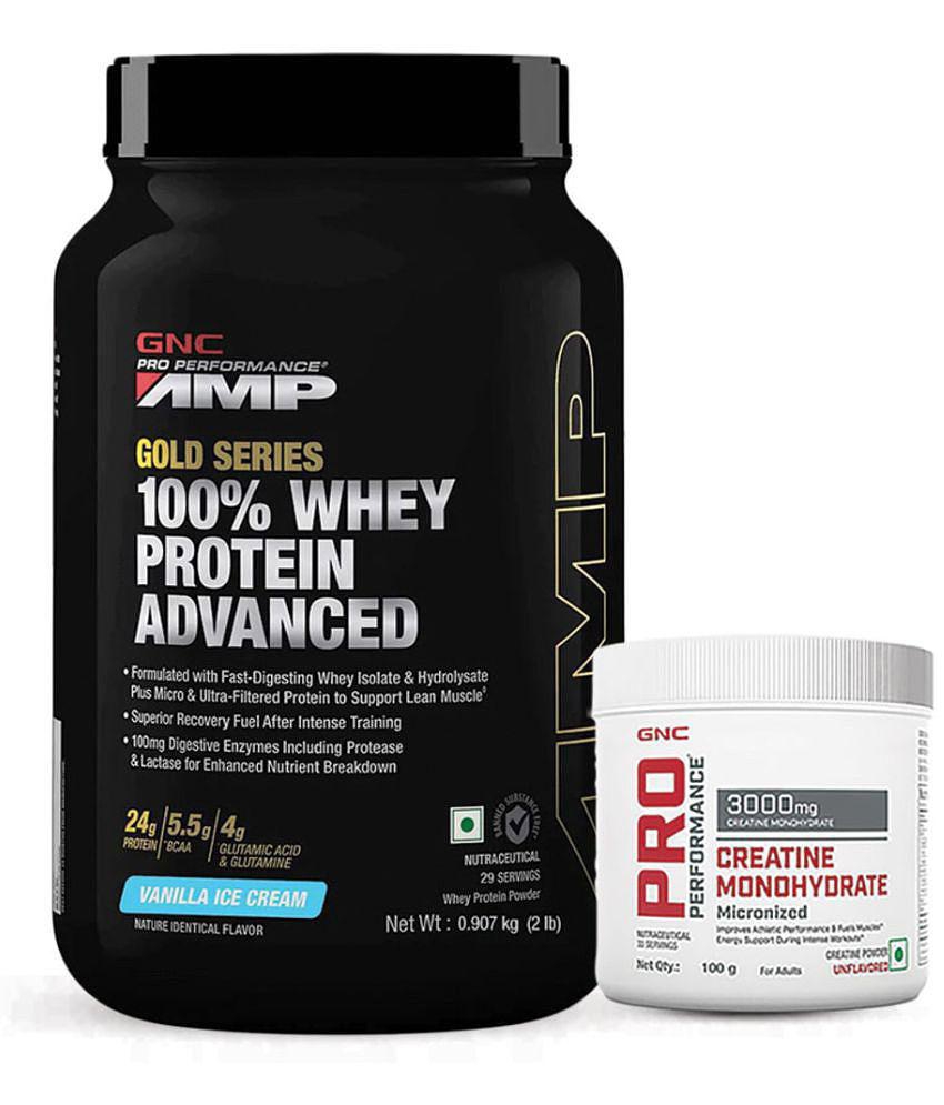 GNC AMP 100% Whey Advanced Vanilla- 2 lbs + Creatine Monohydrate - 100gm (Combo)