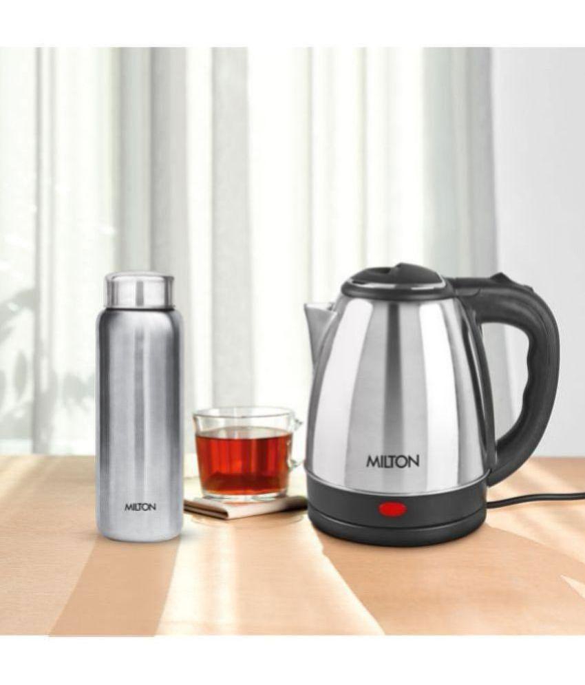 Milton Combo Set Go Electro Stainless Steel Kettle, 1.2 Litres, Silver and Aqua 750 Stainless Steel Water Bottle, 750 ml, Silver | Office | Home | Kitchen | Travel Water Bottle