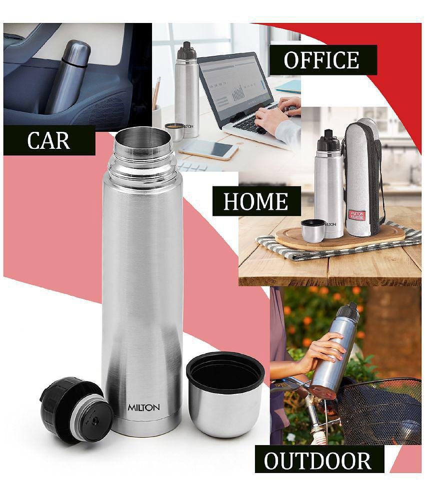 Milton Flip Lid 350 Thermosteel 24 Hours Hot and Cold Water Bottle with Bag, 350 ml, Silver - Silver