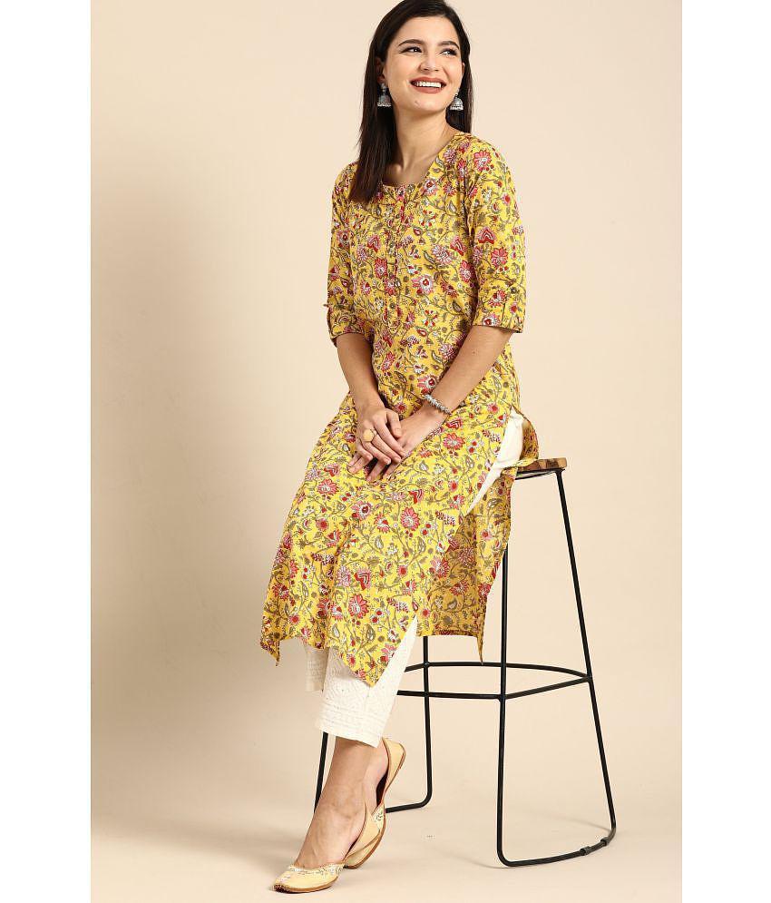 Rajnandini - Yellow 100% Cotton Women's Straight Kurti ( Pack of 1 ) - None