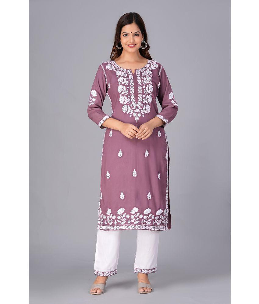 Doriya Cotton Blend Embroidered Kurti With Pants Women''s Stitched Salwar Suit - Purple ( Pack of 1 ) - None