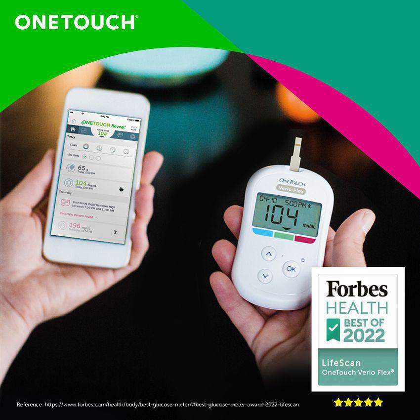 OneTouch Verio Flex blood glucose monitor with OneTouch Reveal mobile application | FREE 10 Test Strips + 10 Sterile Lancets + 1 Lancing device