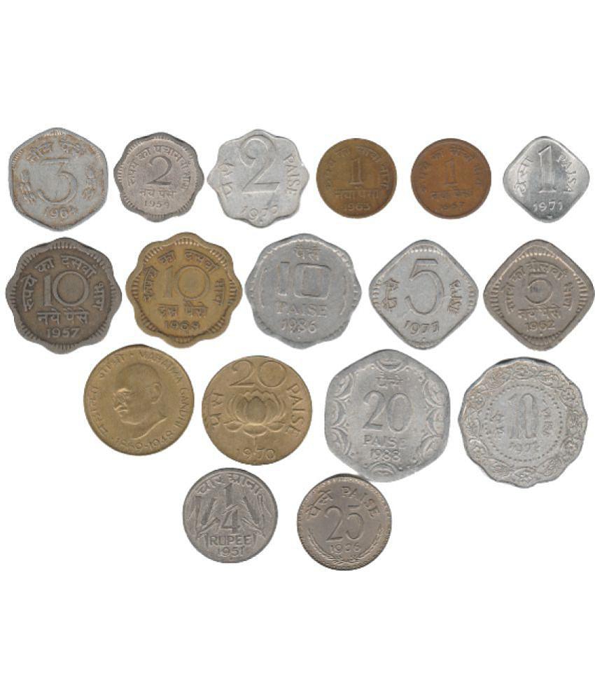 Sansuka 17 different India old coins Coin Collection one paisa, two paisa three paisa, 5paisa, 10 paisa, 20 paisa, all set coins in one set collector choice, brass paisa, copper paisa , alum