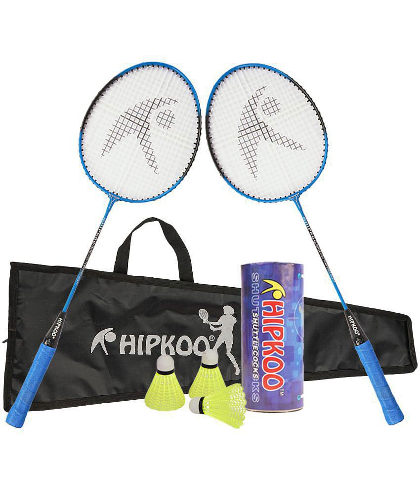 Hipkoo Sports Junior Player Aluminum Badminton Complete Racquets Set | 2 Wide Body Rackets with Cover and 3 Feather Shuttlecocks | Ideal for Beginner | Flexible, Lightweight & Sturdy (Blue, 