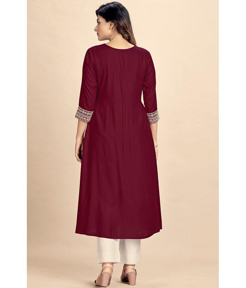 Glomee Rayon Embroidered Nayra Women's Kurti - Maroon ( Pack of 1 ) - None