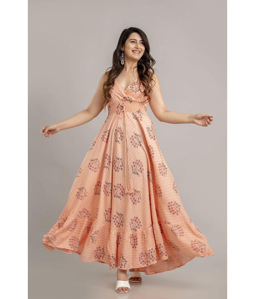 Sophisticated Men Frionkandy Rayon Printed Ankle Length Womens Fit & Flare Dress - Peach ( Pack 