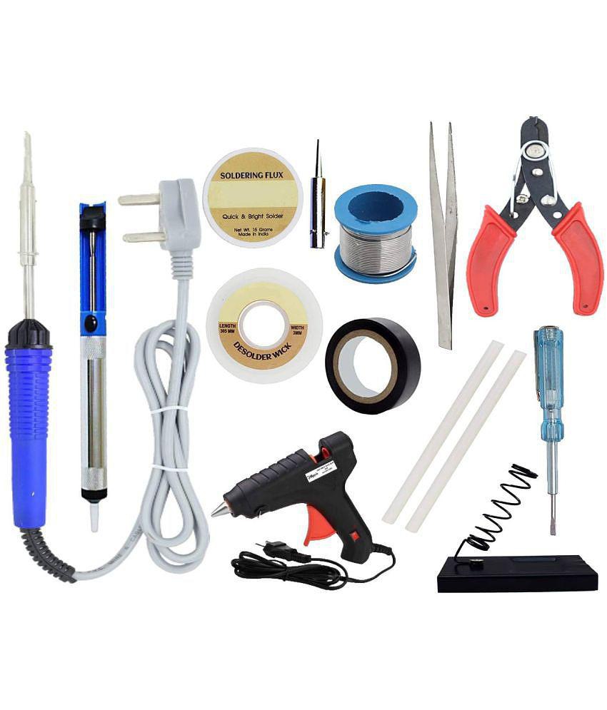 ALDECO: ( 14 in 1 ) SOLDERING IRON 25 Watt Professional Kit - Blue Iron, Wire, Flux, Wick, Stand, Cutter, Tester, Tweezer, Bit, Tape, Desoldering Pump, Glue Gun, 2 Glue Stick