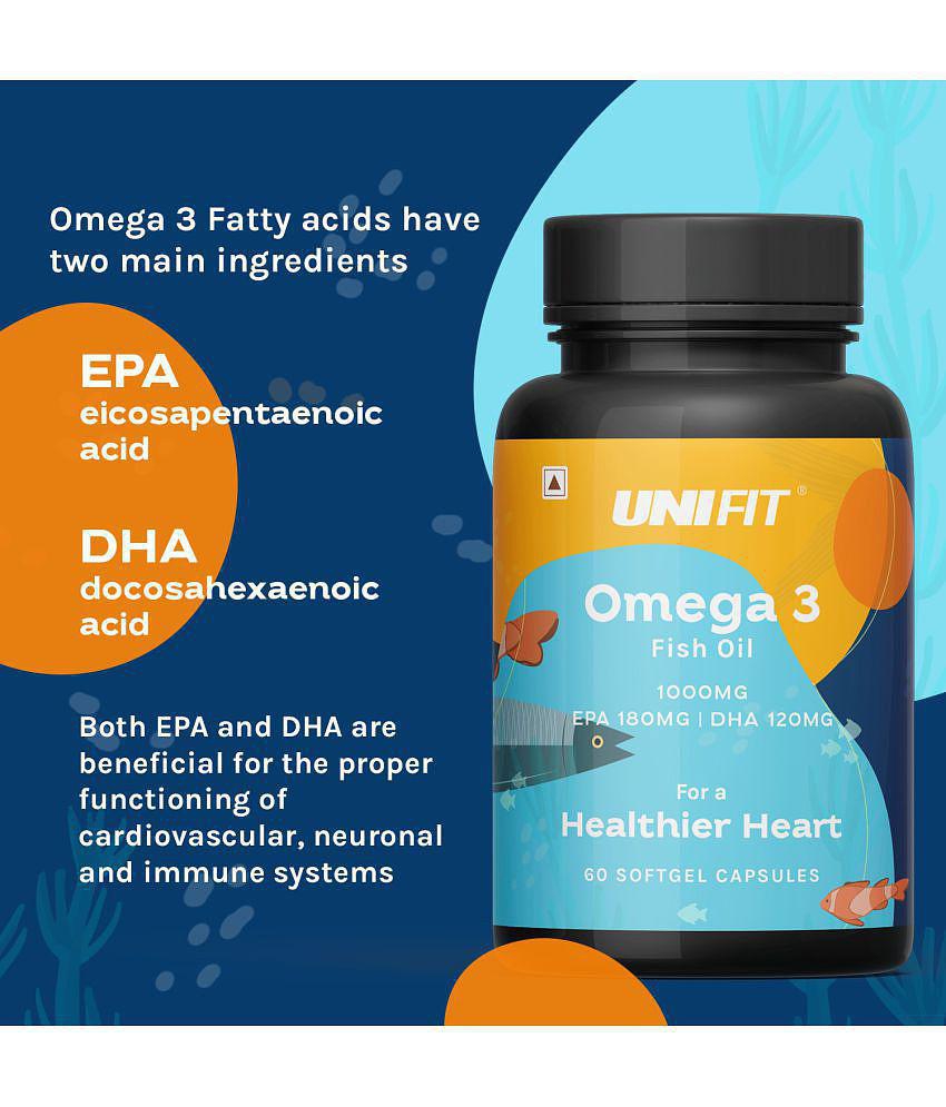 Unifit Omega 3 Fish Oil 1000mg Capsules, Omega3 Fish Oil For Men and Women, 180mg EPA & 120mg DHA For Healthy Heart (60 Capsules)