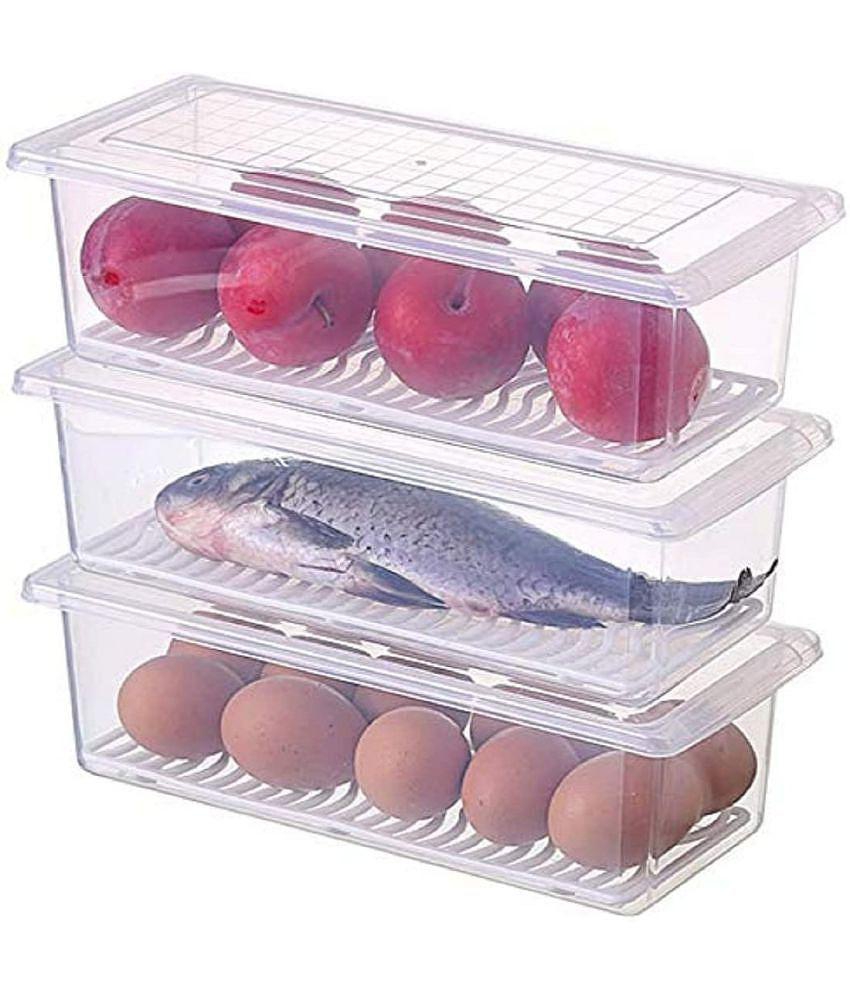 Fridge Storage Container with Drain Tray and Lid - Transparent Polyproplene Food Container ( Pack of 3 ) - Transparent