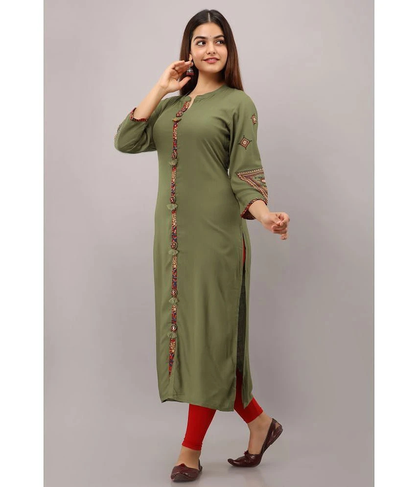 Buy Online Plo Preksha - Olive Rayon Womens Front Slit Kurti ( Pack of 1 ) - None