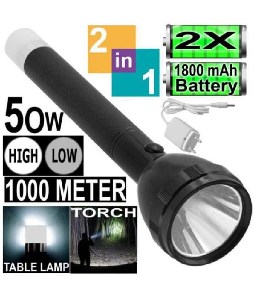 1000 Meter 2Mode Long Beam Chargeable Waterproof LED Table Lamp 50W Flashlight - 50W Rechargeable Flashlight Torch (Pack of 1) - Black