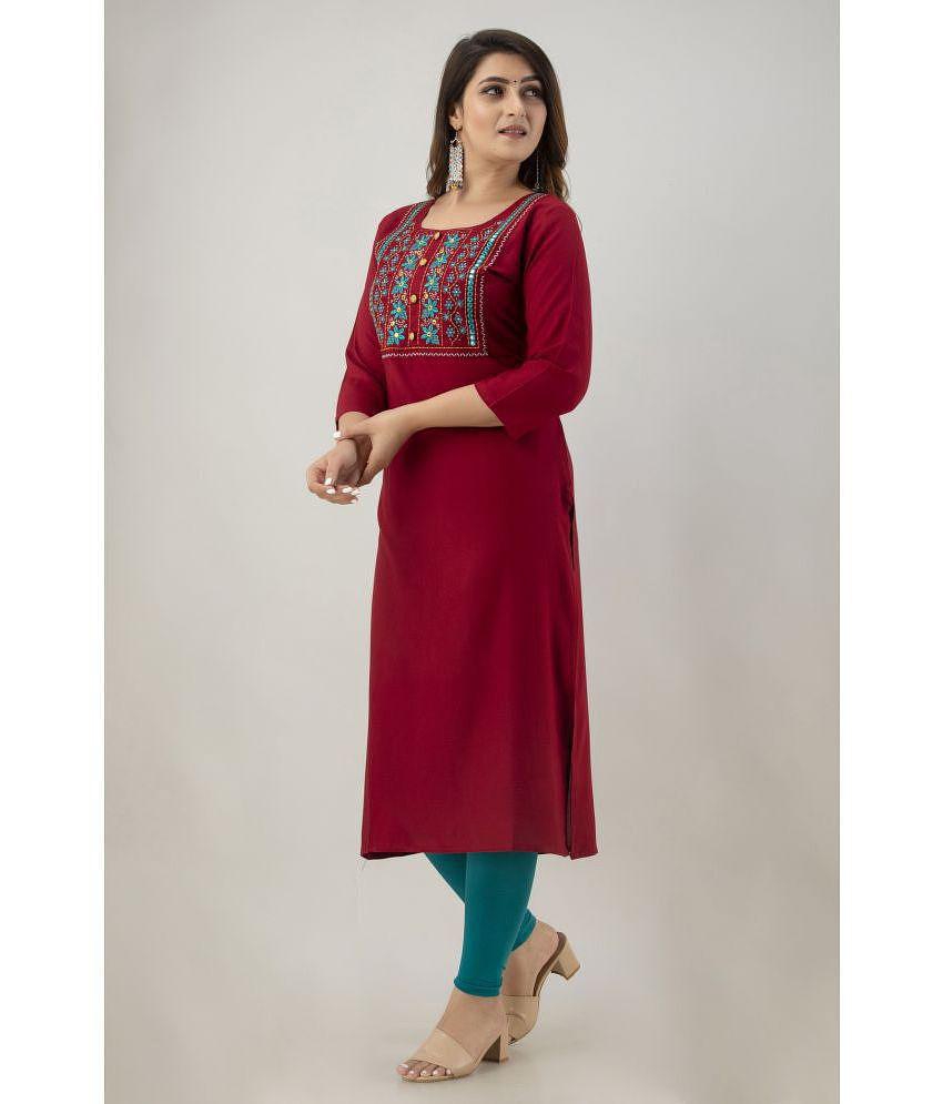 Preksha - Maroon Rayon Women's Straight Kurti ( Pack of 1 ) - None