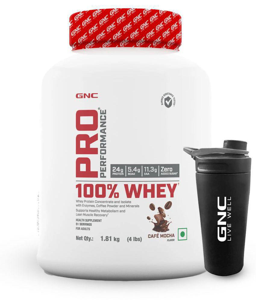 GNC Pro Performance 100% Whey Protein Powder- Cafe Mocha, 4 lbs & Steel Shaker (Combo)