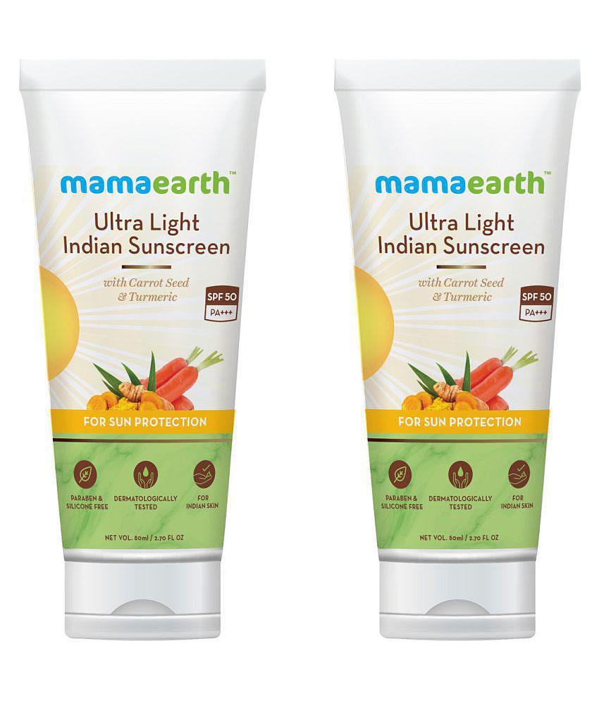 Mamaearths Ultra Light Natural Sunscreen Lotion SPF 50 PA+++ For Indian Skin, With Turmeric & Carrot Seed, 80ml Pack of 2