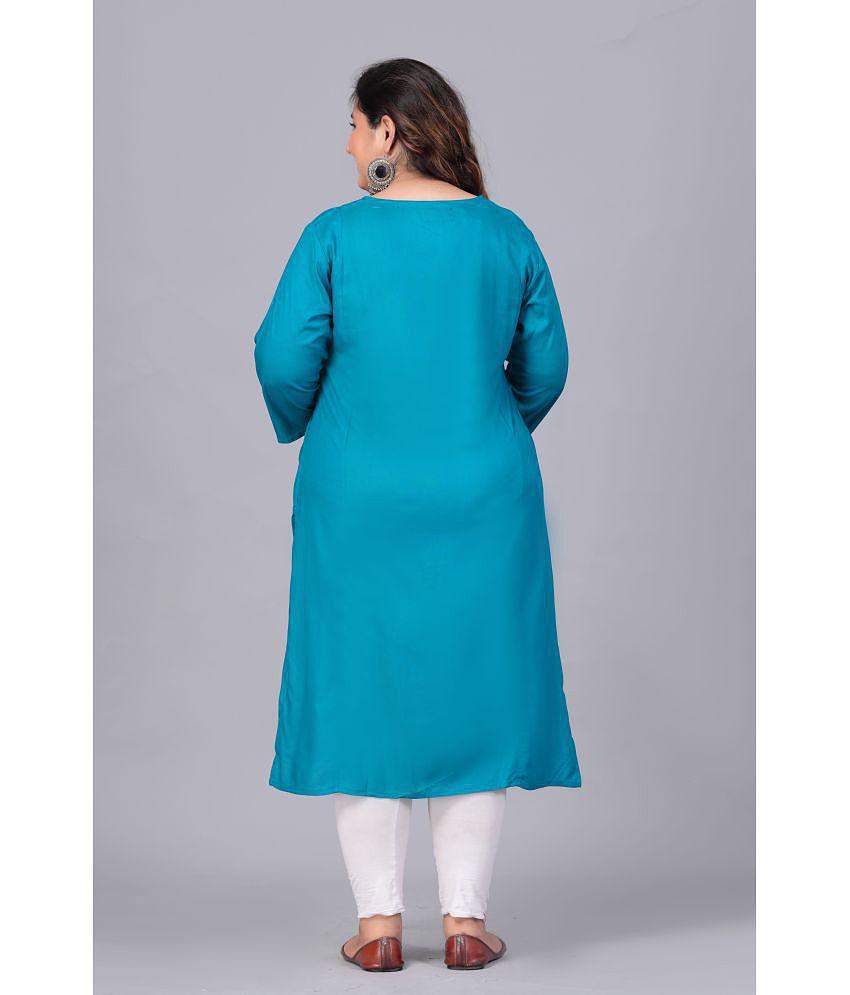 Preksha Rayon Embroidered Straight Women's Kurti - Turquoise ( Pack of 1 ) - None