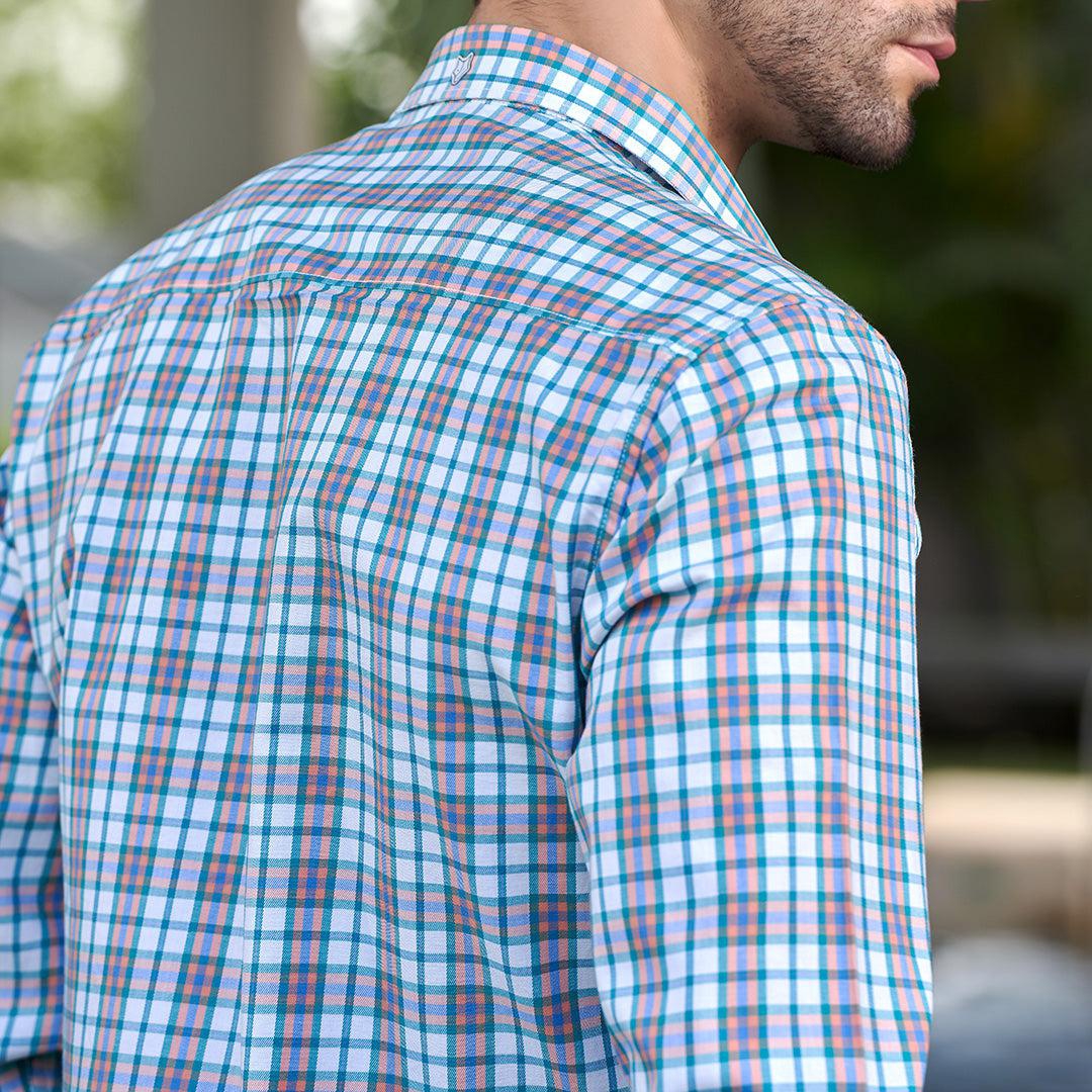 White And Blue Checked Cotton Shirt With Cutaway Collar-S