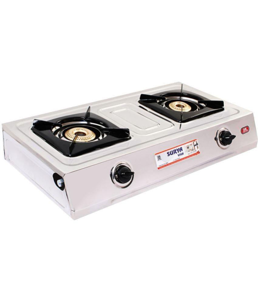 Suryaviva Super 2B Ss Stainless Steel 2 Cast Iron Burner Gas Stove(Manual Ignition,Silver)