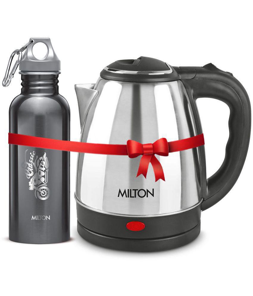 Milton Combo Set Go Electro 1.2 Ltrs Electric Kettle and Alive 750 ml Black, Stainless Steel Water Bottle