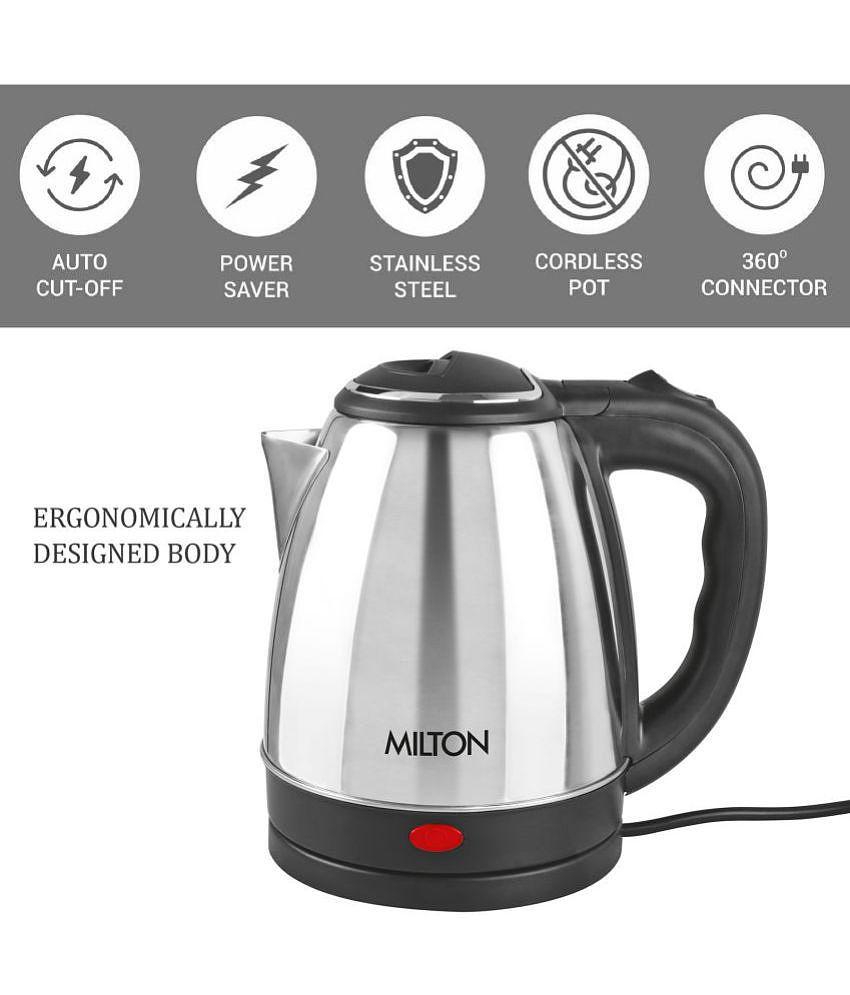 Milton Go Electro 1.5 Stainless Steel Electric Kettle, 1 Piece, 1500 ml, Silver | Power Indicator | 1500 Watts | Auto Cut-off | Detachable 360 Degree Connector | Boiler for Water - Silver