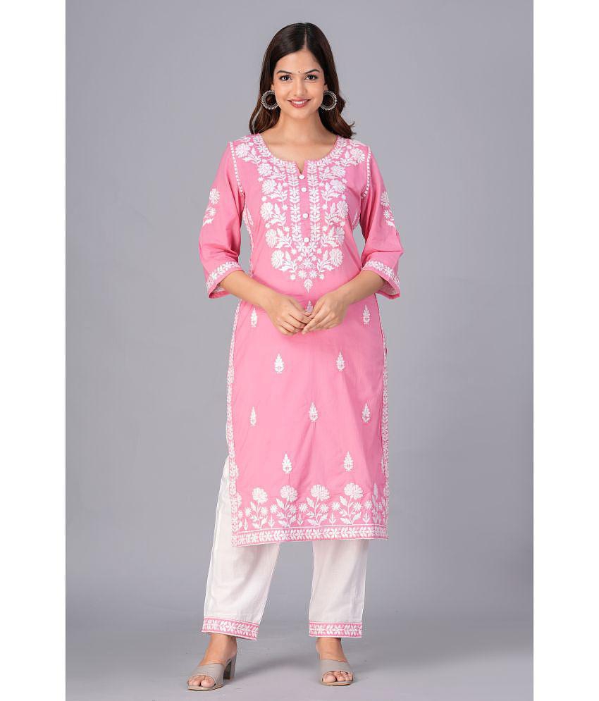 Doriya Cotton Blend Embroidered Kurti With Salwar Women's Stitched Salwar Suit - Pink ( Pack of 1 ) - None