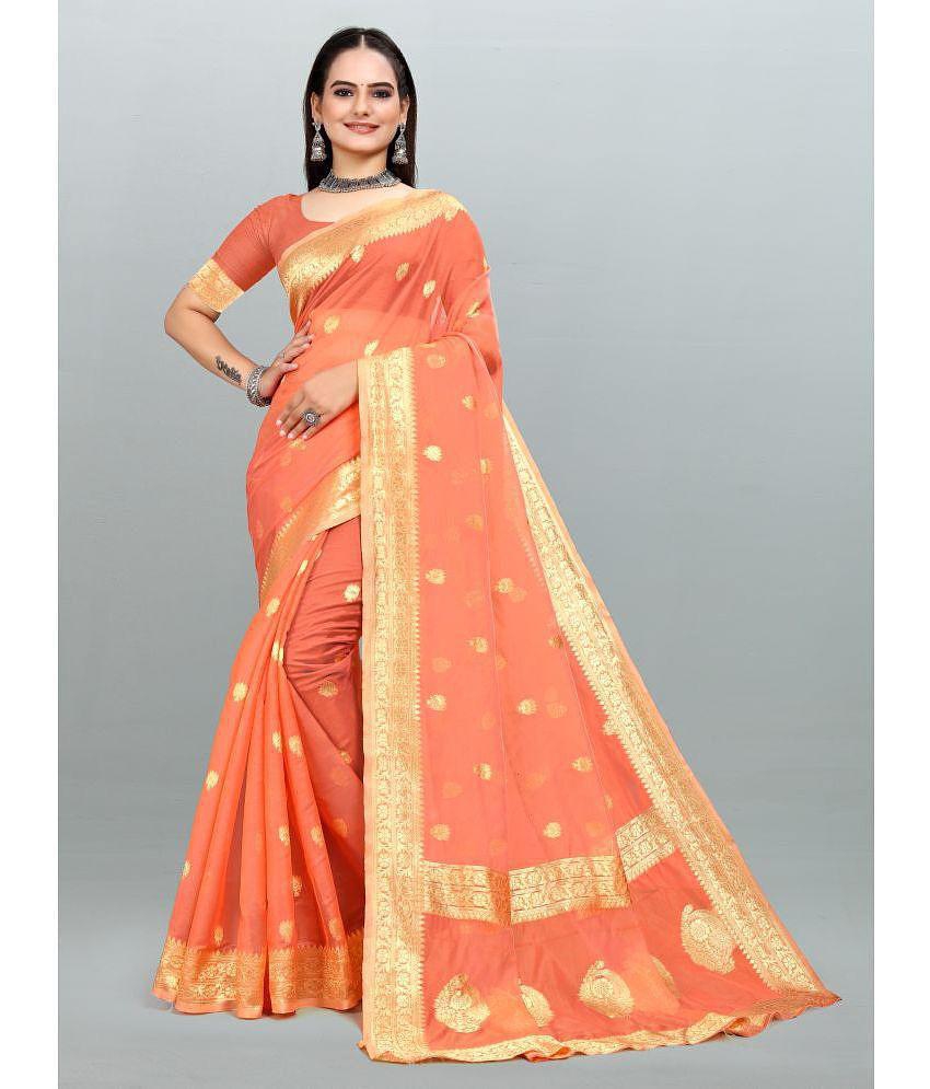 Om Shantam Sarees - Peach Organza Saree With Blouse Piece ( Pack of 1 ) - Peach