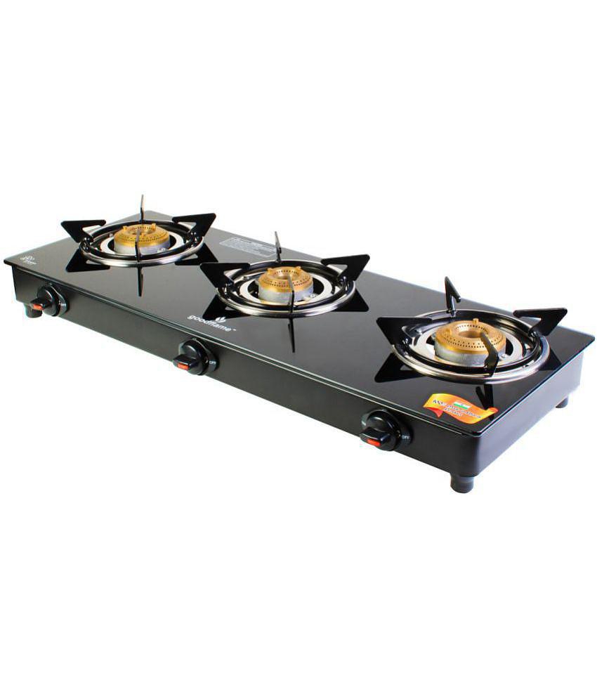 Goodflame Photon 3B Ms Bk Toughened Glass 3 Brass Burner Gas Stove(Manual Ignition,Black) - Black