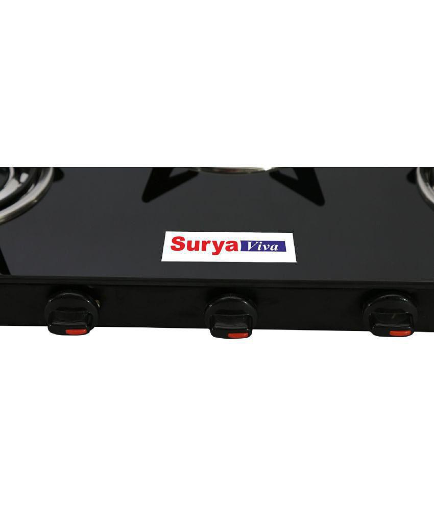 Suryaviva Nano 3B Ms Bk Toughened Glass 3 Cast Iron Burner Gas Stove(Manual Ignition,Black) - Black