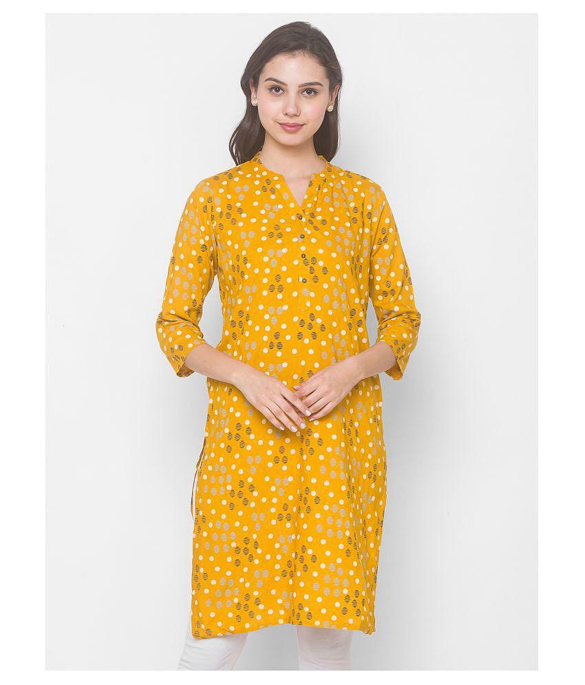 Globus - Yellow Cotton Women''s Straight Kurti ( Pack of 1 ) - M