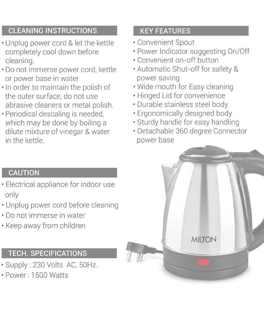 Milton Go Electro 1.5 Stainless Steel Electric Kettle, 1 Piece, 1500 ml, Silver | Power Indicator | 1500 Watts | Auto Cut-off | Detachable 360 Degree Connector | Boiler for Water - Silver