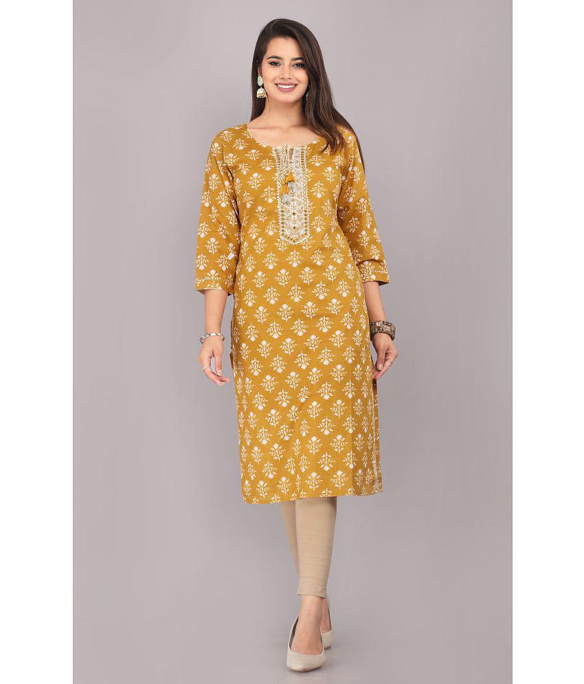 HIGHLIGHT FASHION EXPORT - Gold Cotton Women''s Straight Kurti ( Pack of 1 ) - None