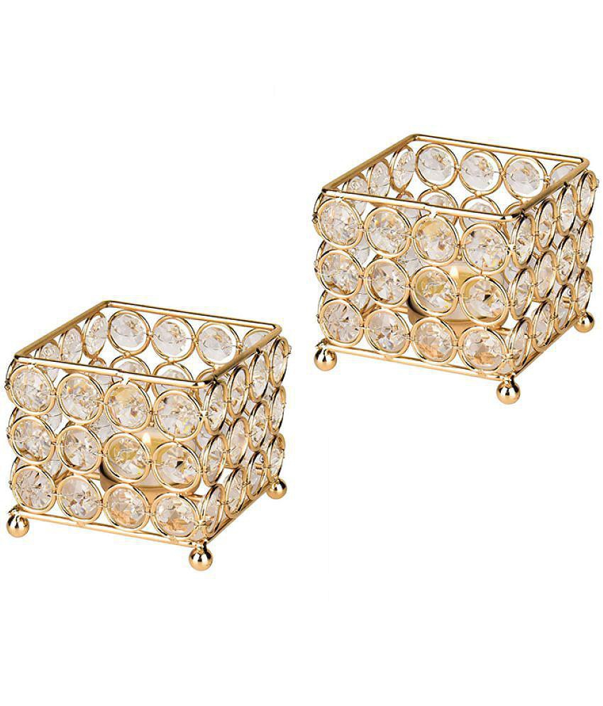 Arsalan Gold Table Top Crystal Tea Light Holder - Pack of 2