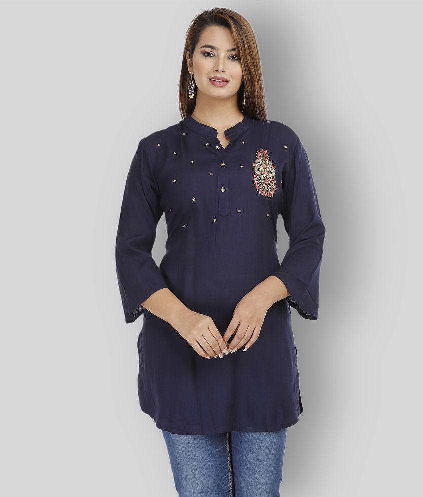 Buy Online Plo HIGHLIGHT FASHION EXPORT - Navy Rayon Women's Straight Kurti ( Pack of 1 ) - L