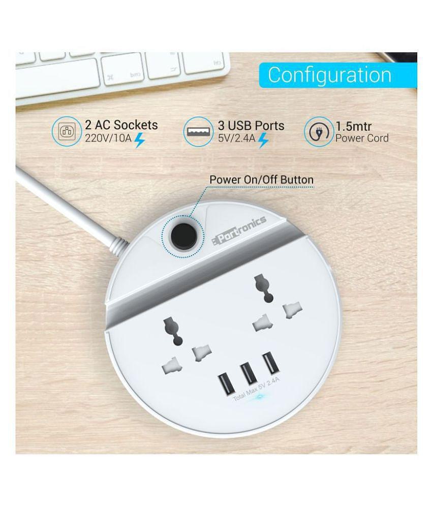 Portronics Power Bun:With 3USB+2 AC Plugs & a Surge Protector ,White (POR 739)