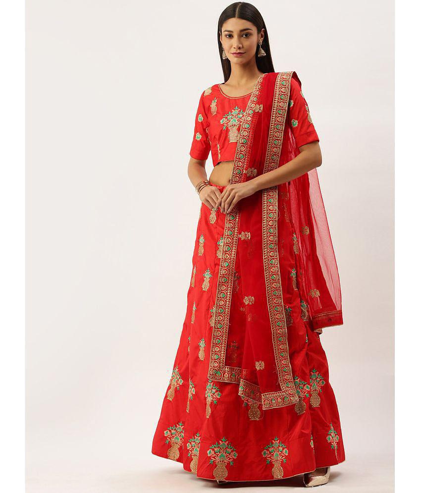 Om Shantam Sarees Red Silk Blends Chaniya Choli Semi Stitched Lehenga Single - Free Size