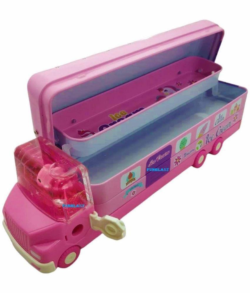 FunBlast Pencil Box for Kids Bus with Moving Tyres & Sharpener for Kids Truck Geometry Box for Kids & Girls (Multicolor)